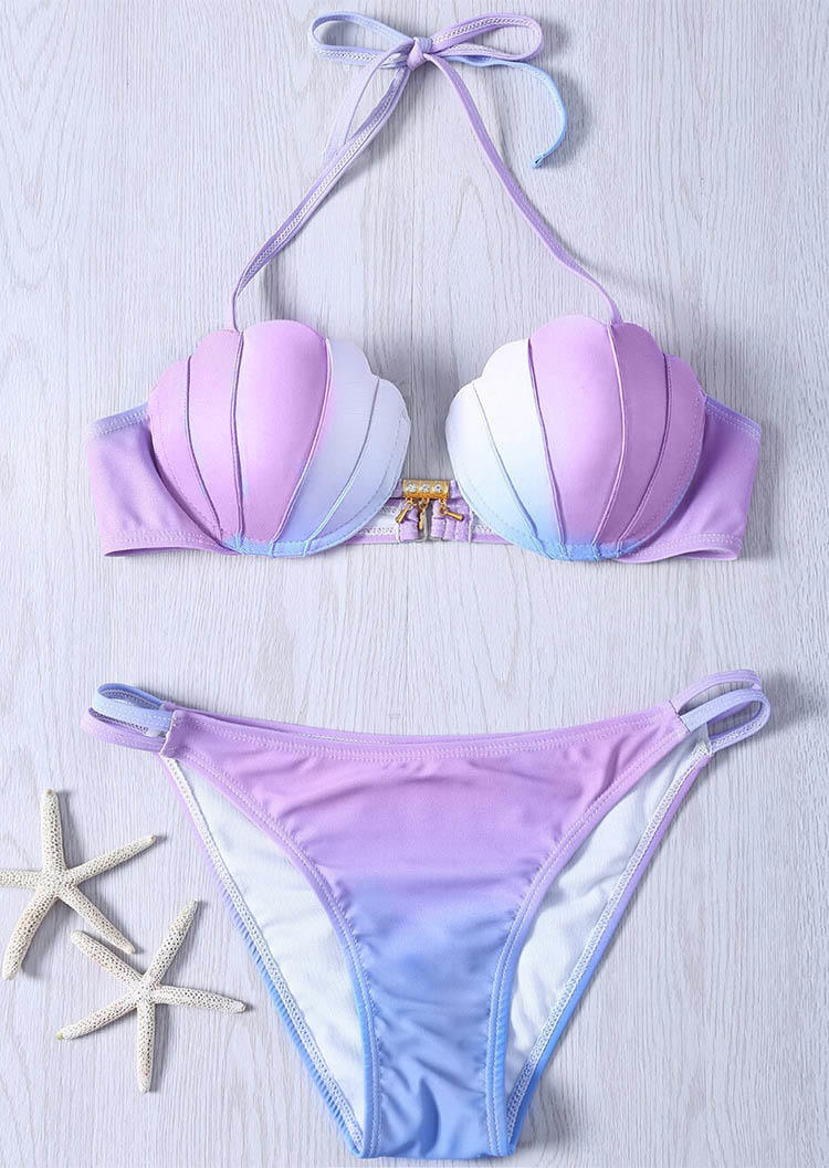 Bikini Sets Gradient Shell Halter Bikini Set in Purple. Size: S,M,L,XL