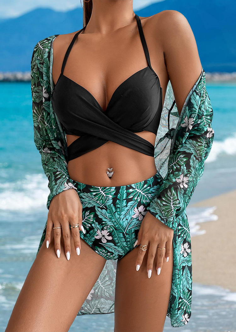 Bikini Sets 3Pcs Palm Leaf Floral Criss-Cross Bikini Set in Green. Size: S,M,L,XL
