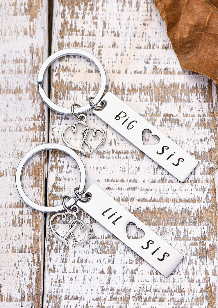 

Keychains 2Pcs Big Sis Lil Sis Heart Keychain Set in Silver. Size
