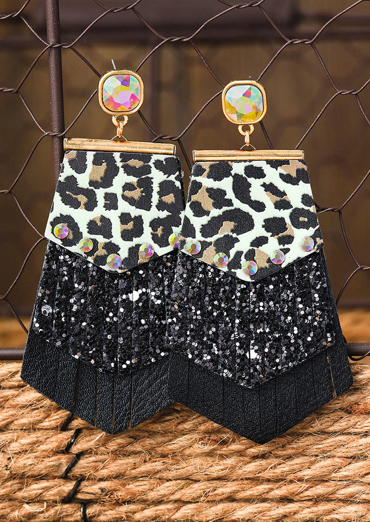 

Earrings Leopard Tassel Glitter Rhinestone Earrings in Black. Size