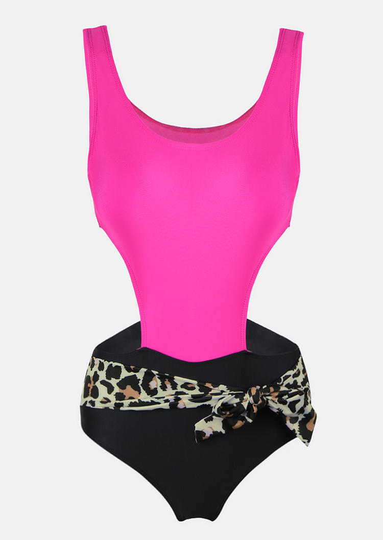 One-Pieces Swimsuit Leopard Color Block Hollow Out One-Piece Bathing Suit Swimwear - Rose Red in Red. Size: XL
