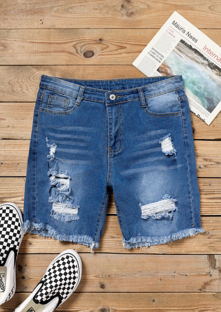 Shorts Ripped Hole Frayed Denim Shorts - Deep Blue in Blue. Size: L,M,S,XL