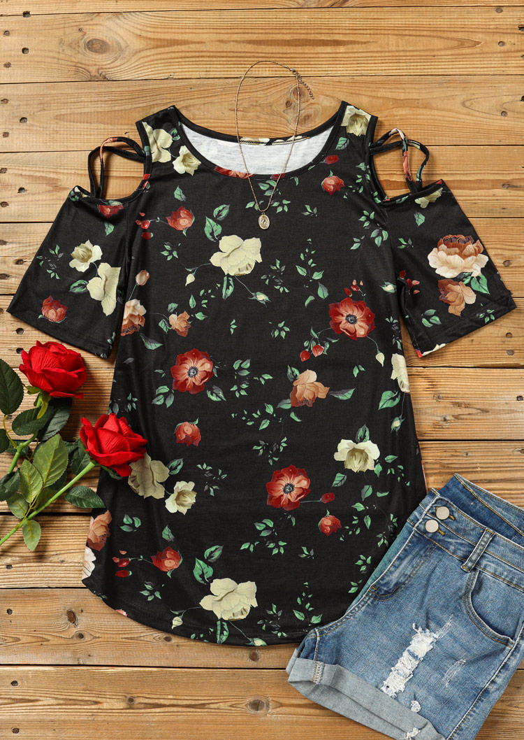 

Blouses Floral Criss-Cross Cold Shoulder Blouse in Black. Size: ,M,L,XL
