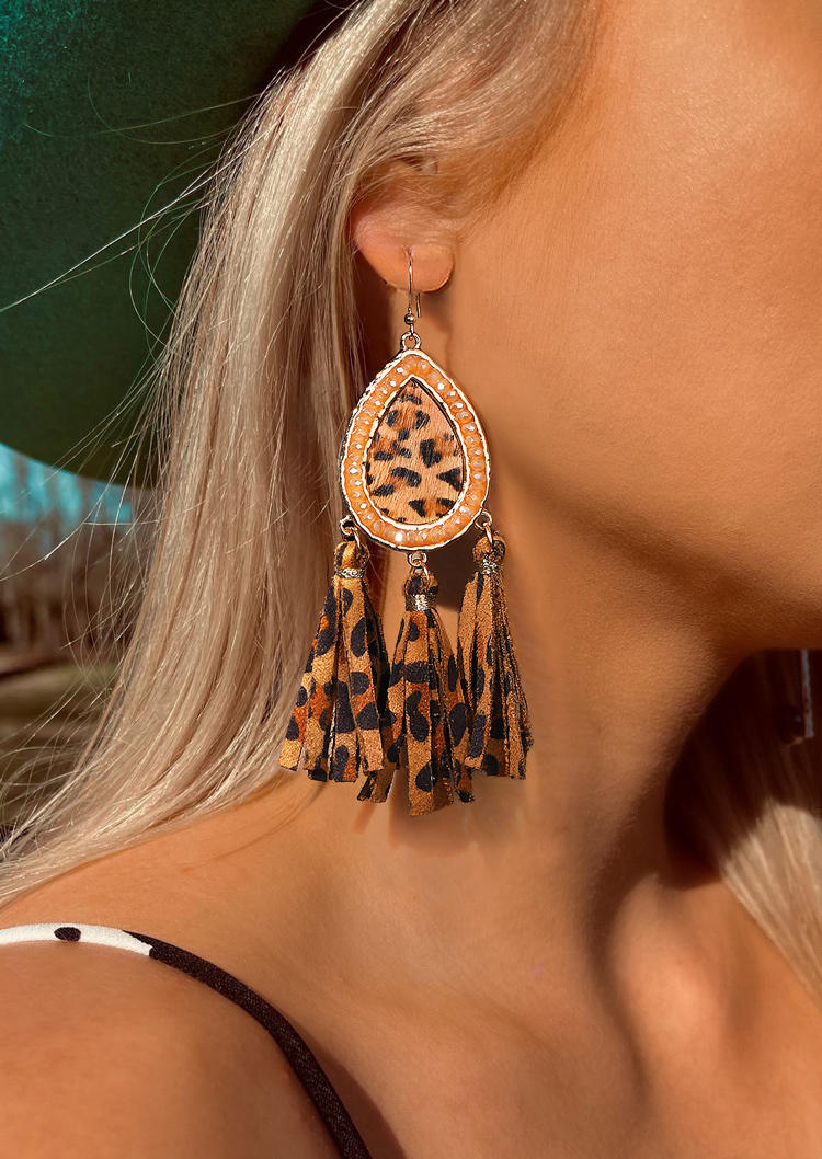 Leopard Rhinestone Tassel Earrings