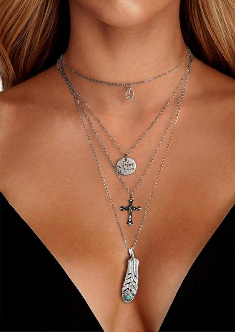 

Necklaces 2Pcs Turquoise Feather Cross Pendant Necklace in Silver. Size