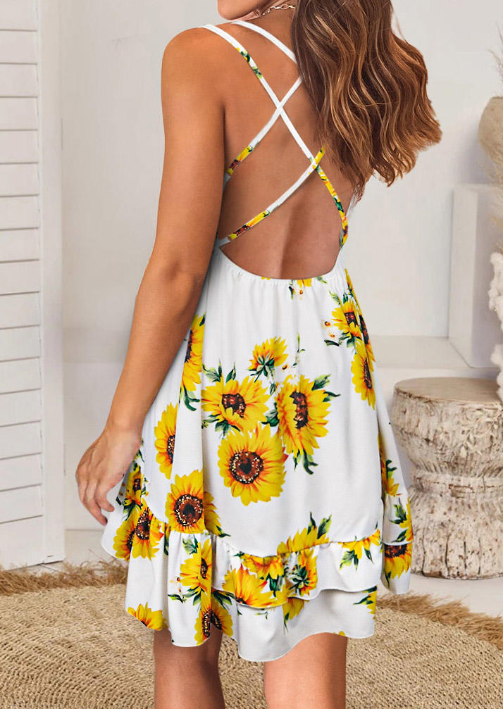 Mini Dresses Lace Sunflower Splicing Open Back Mini Dress in White. Size: L,XL