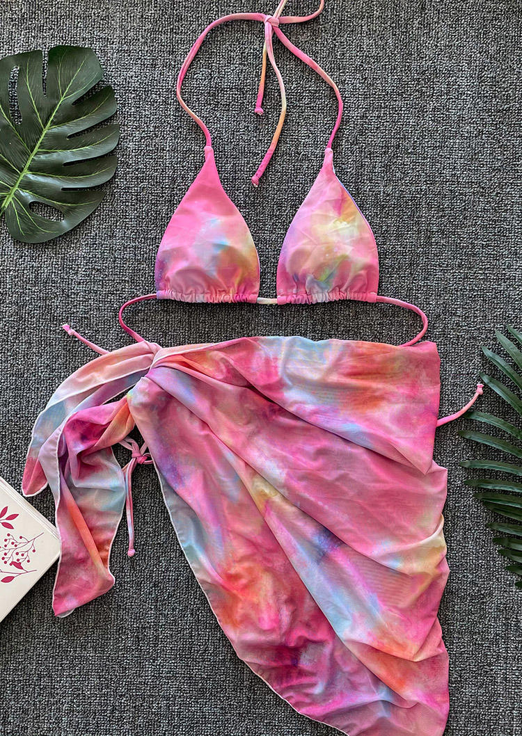 

Bikini Sets 3Pcs Tie Dye Halter Tie Bikini Set in Pink. Size