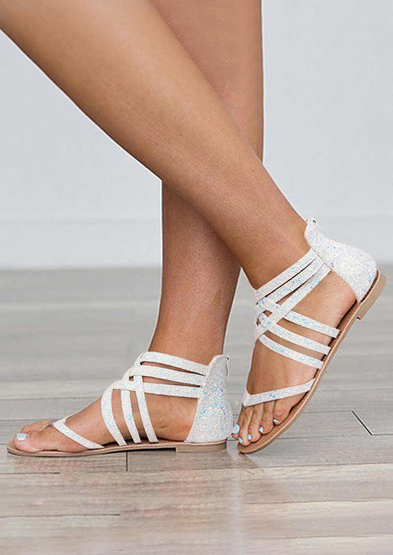 Summer Glitter Cross-Tied Zipper Flat Sandals