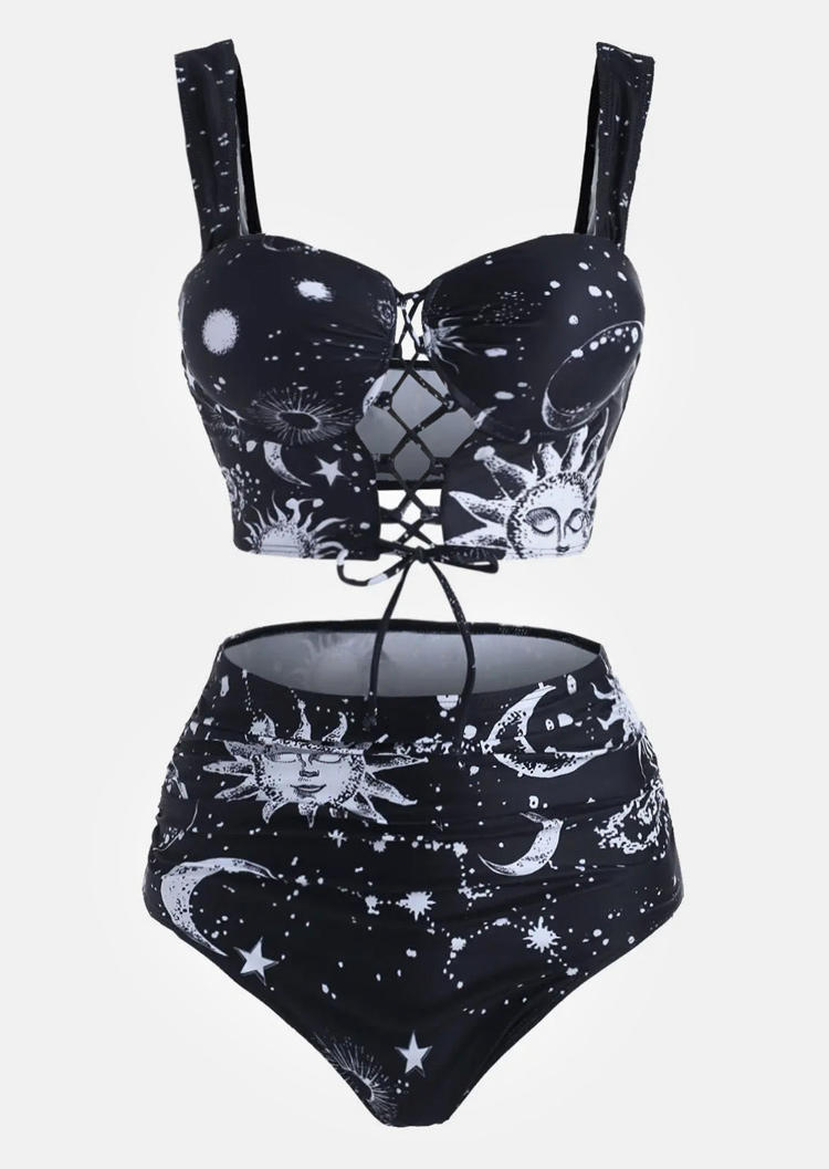 

Bikini Sets Sun Moon Star Lace Up Bikini Set in Black. Size