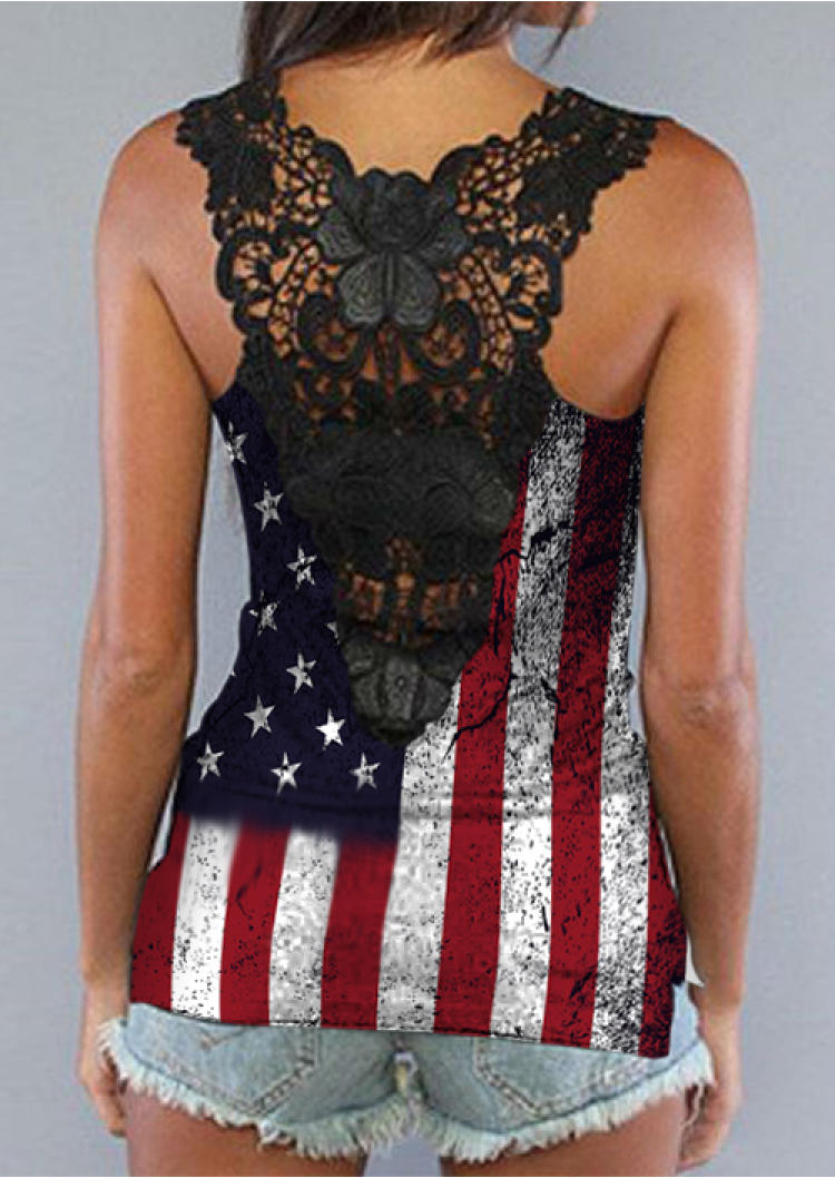 Tank Tops Lace Splicing American Flag Tank Top in Multicolor. Size: 2XL,3XL,L,M,S,XL