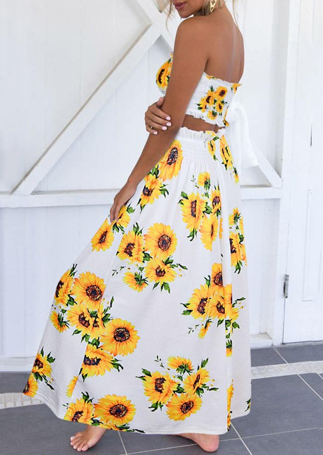 Sunflower Smocked Strapless Crop Top And Long Skirt Outfit - White