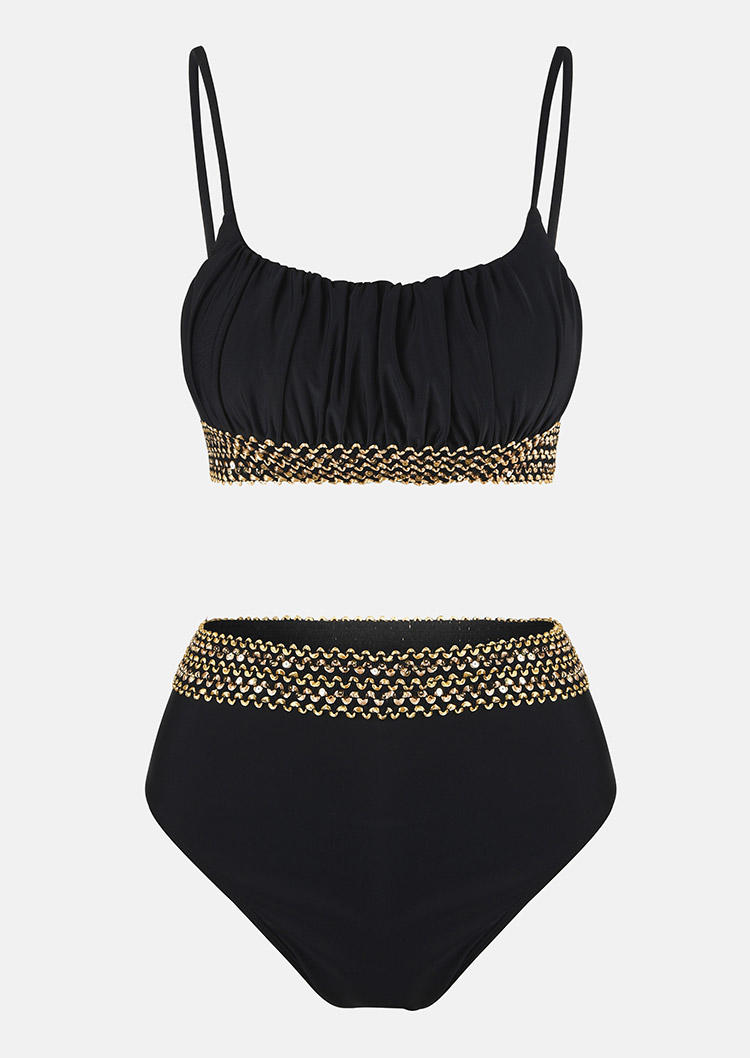 

Bikini Sets Ruffled Woven Spaghetti Strap Bikini Set in Black. Size