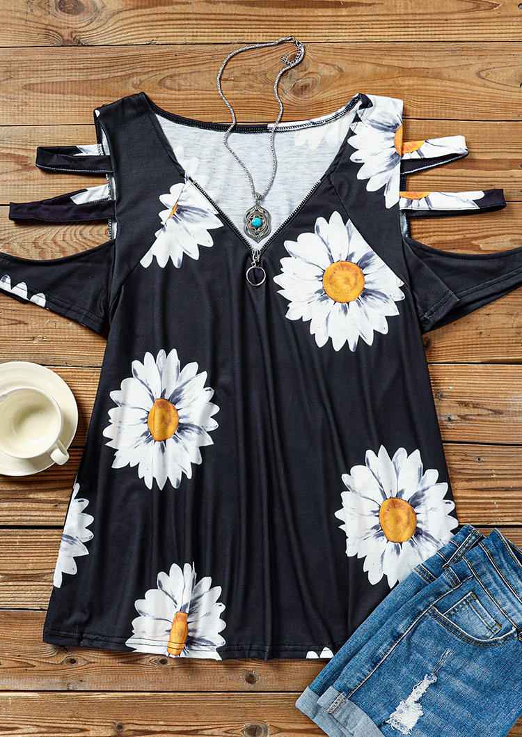 

Blouses Floral Zipper Cold Shoulder Blouse in Black. Size