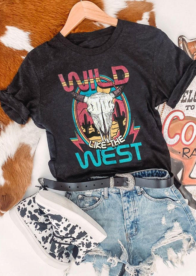 T-shirts Tees Wild Like The West Steer Skull Cactus T-Shirt Tee in Dark Grey. Size: M