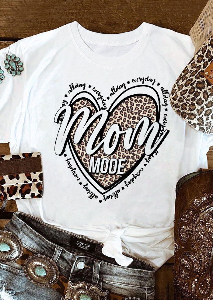 T-shirts Tees Mom Mode All Day Everyday Leopard Heart T-Shirt Tee in White. Size: S,M,L,XL