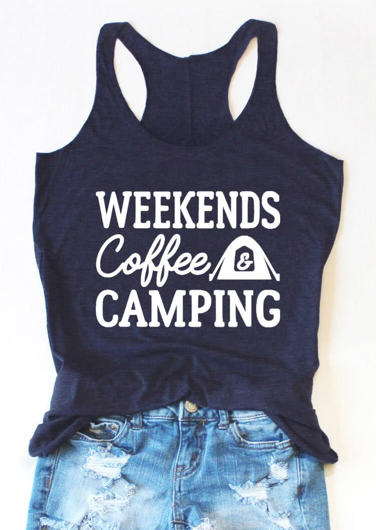 Weekends Coffee Camping Racerback Tank - Navy Blue