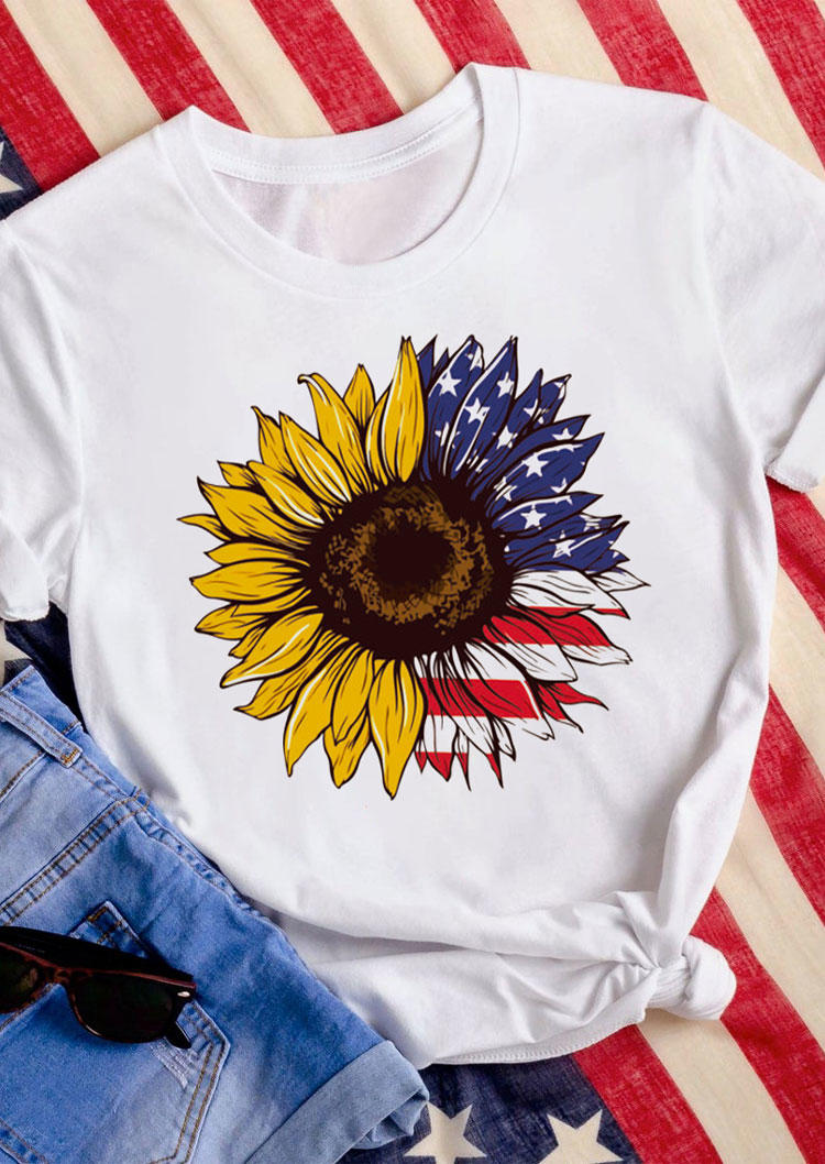 American Flag Sta Sunflower T-Shirt Tee - White
