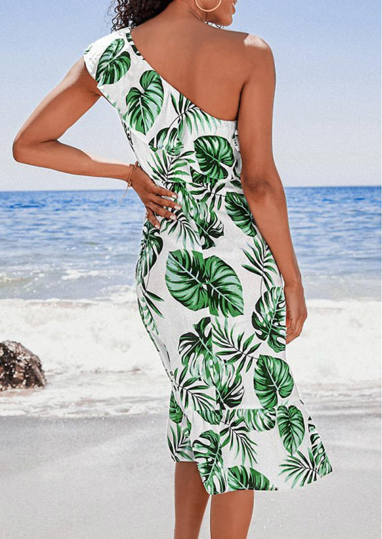 

Midi Dresses Palm Leaf Ruffled One Shoulder Midi Dress in Green. Size: ,M,L,XL