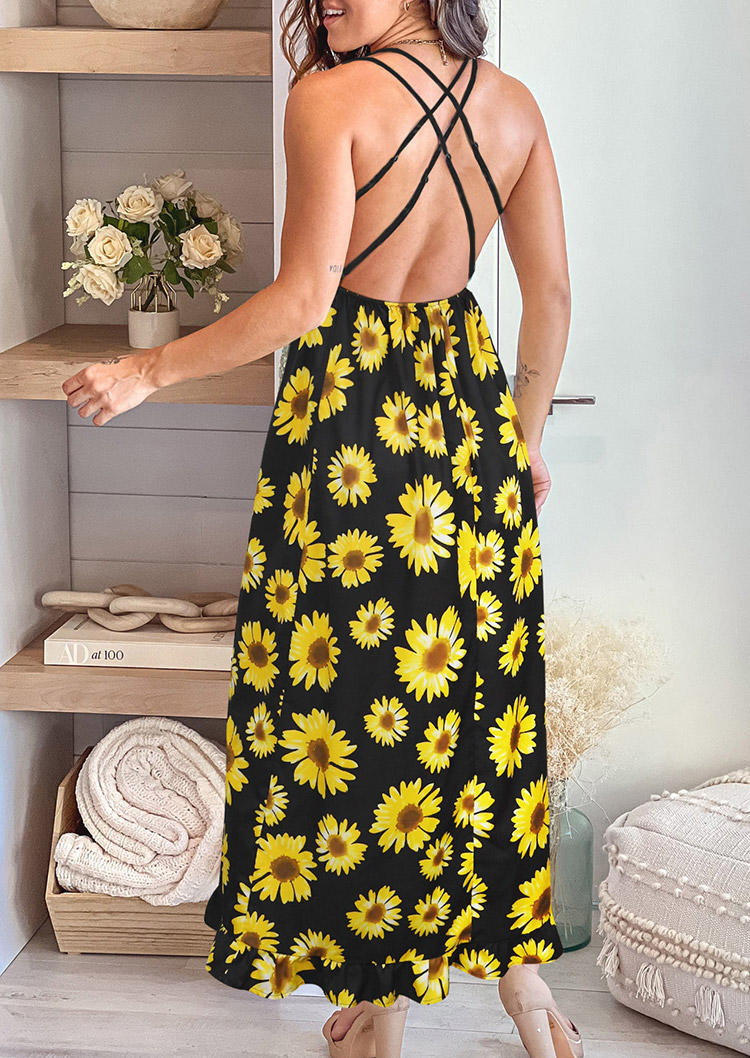 Maxi Dresses Lace Splicing Sunflower Criss-Cross Maxi Dress in Black. Size: S,M,L,XL