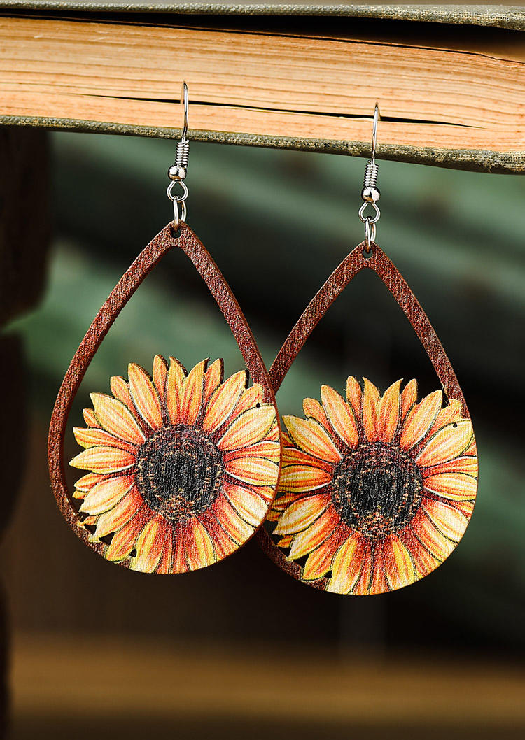 Earrings Sunflower Cactus Hollow Out Water Drop Wooden Earrings in Green,Yellow. Size: One Size