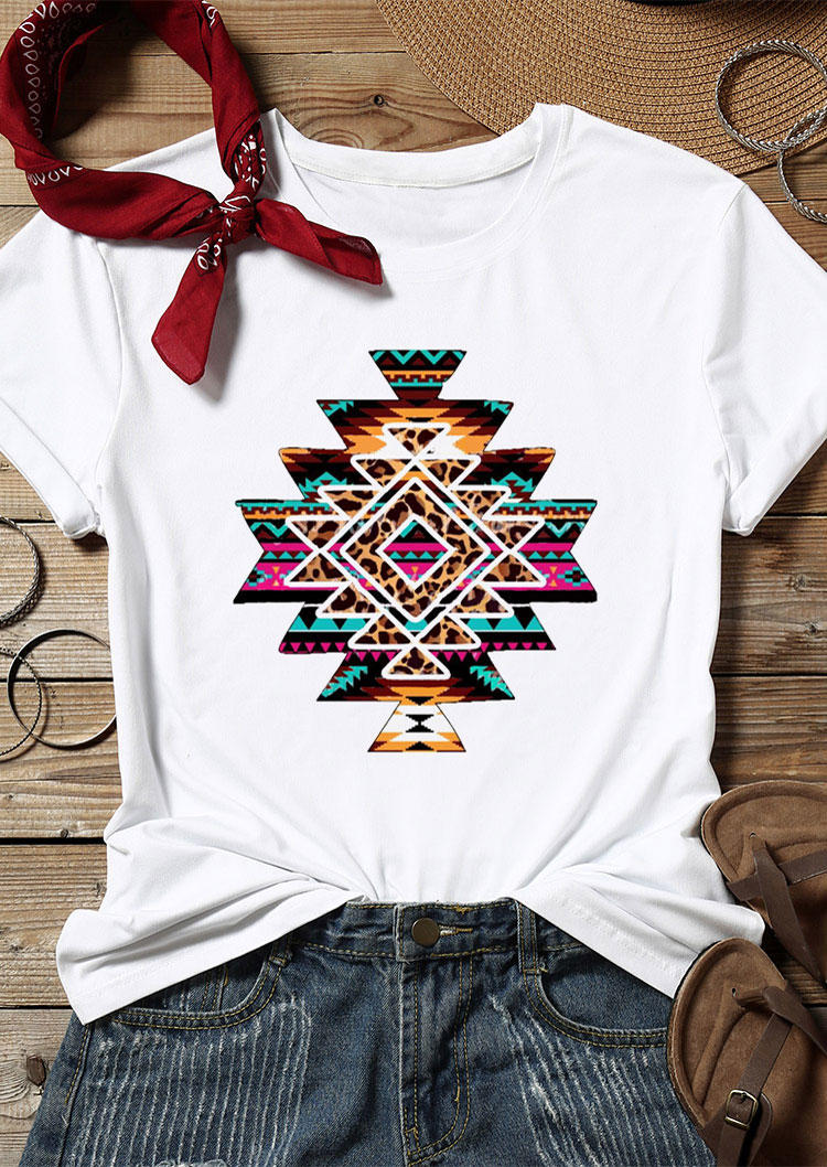 Aztec Geometric Leopard T-Shirt Tee - White