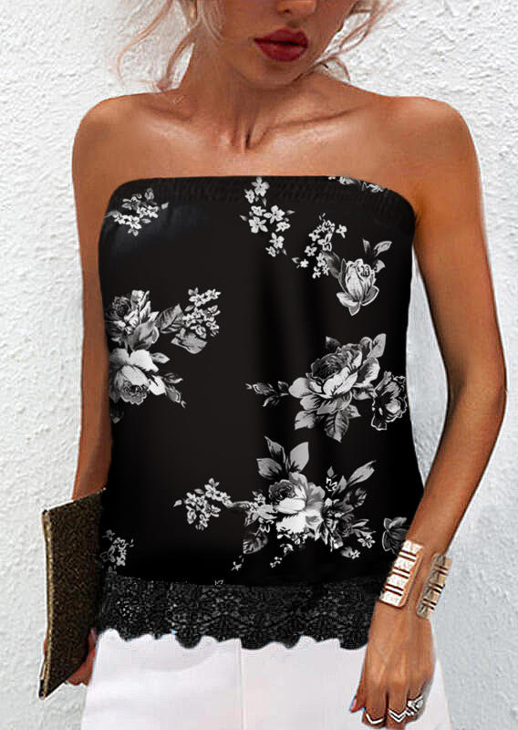 Tank Tops Floral Lace Splicing Strapless Bandeau Tank Top in Black. Size: S,M,L