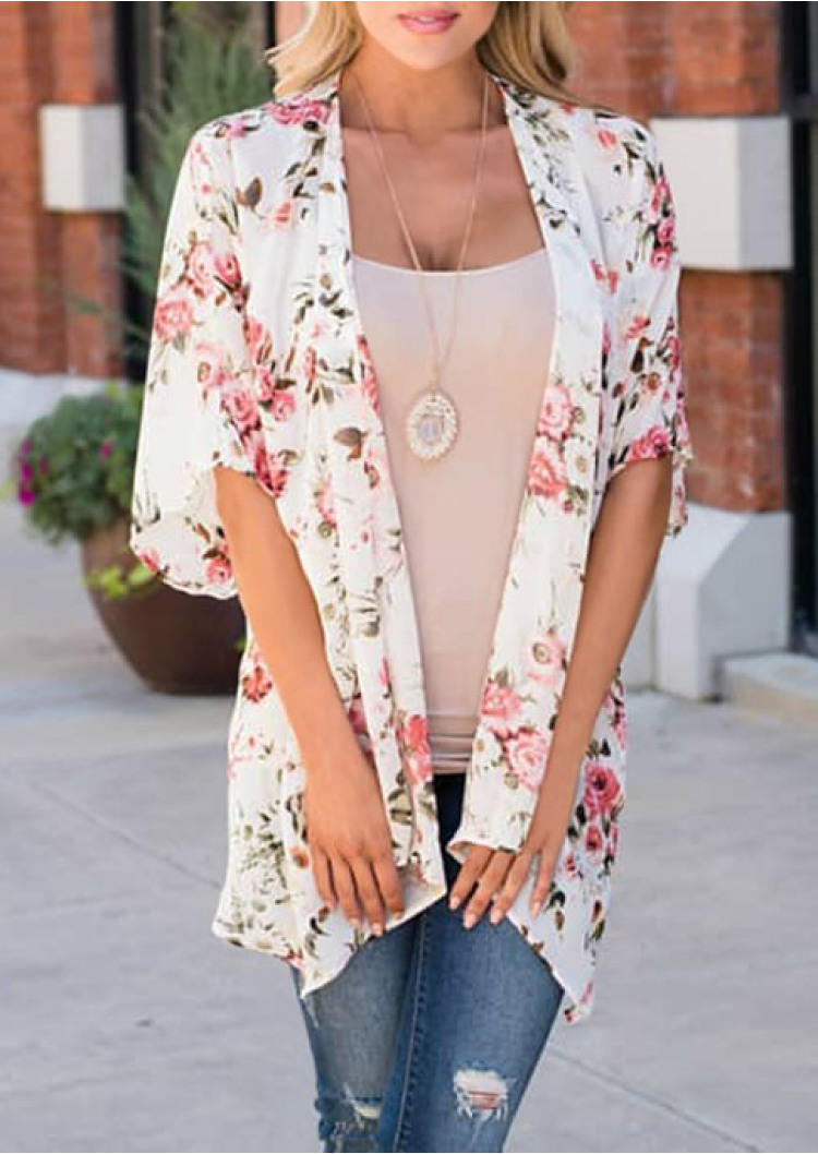 Cardigans Floral Short Sleeve Cardigan in White. Size: S,M,L,XL