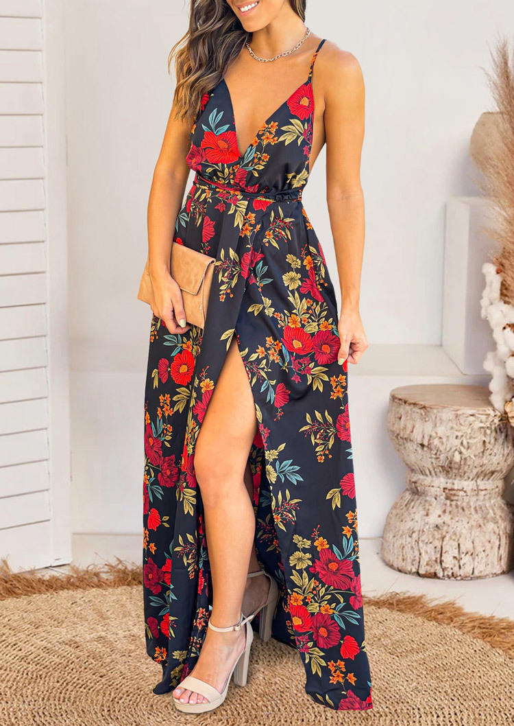 

Maxi Dresses Floral Slit Open Back Maxi Dress in Black. Size: ,M,L,XL
