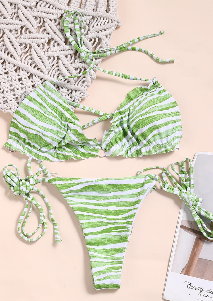 Bikini Sets Striped Criss-Cross Tie Bikini Set in Green. Size: L,M,S