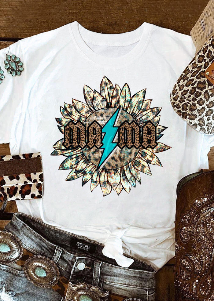 T-shirts Tees Mama Lightning Leopard Sunflower T-Shirt Tee in White. Size: S,M,L,XL