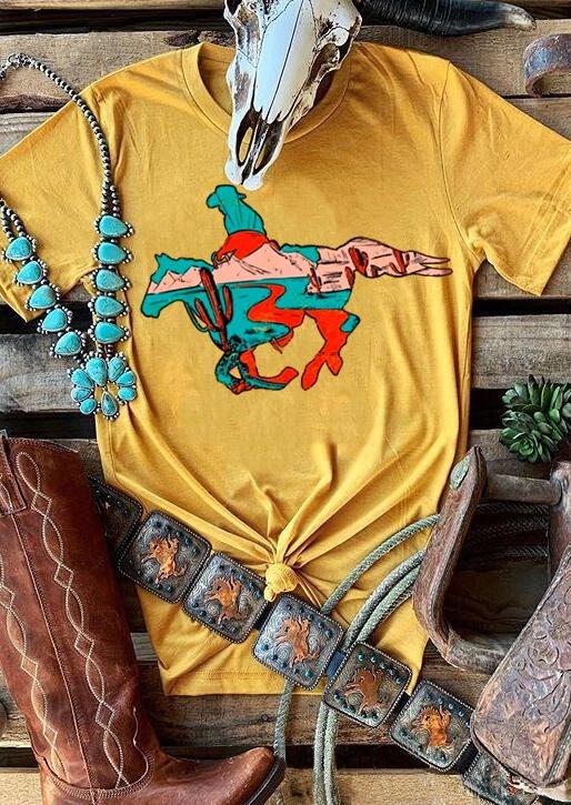 Mustard Lost In Lubbock Cowboy Cactus T-Shirt Tee - Yellow