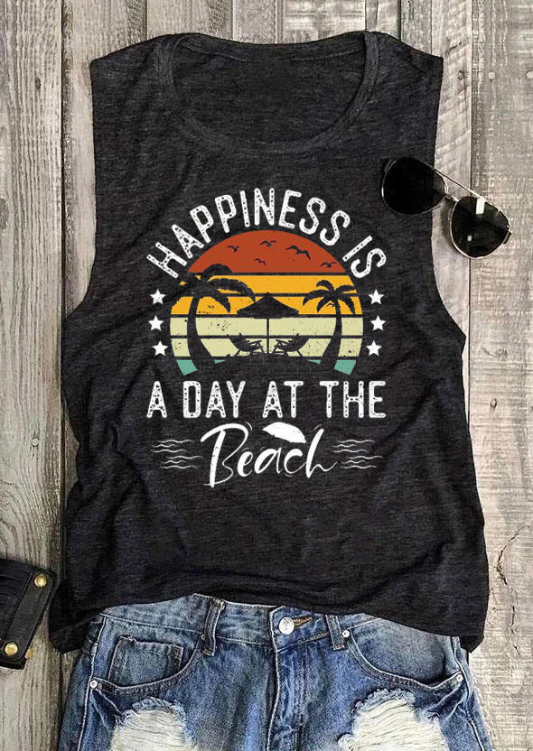 Happiness Is A Day At The Beach Coconut Tree Star Tank - Dark Grey