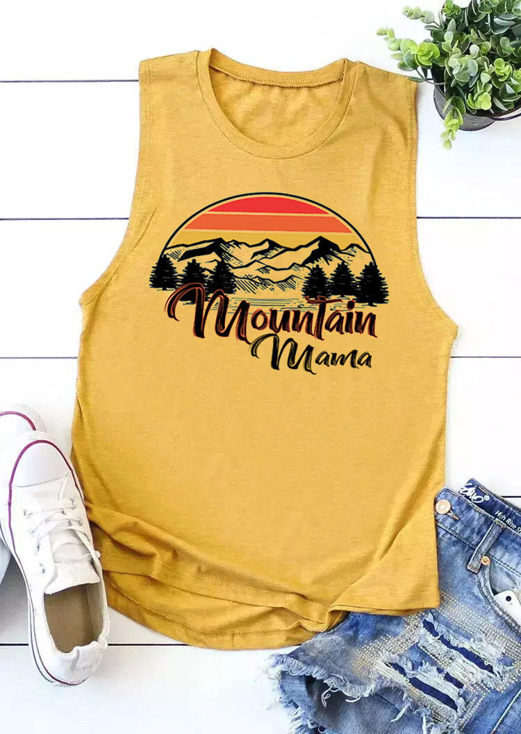 Tank Tops Mountain Mama Sunrise Sleeveless Tank Top in Yellow. Size: S,M,L,XL