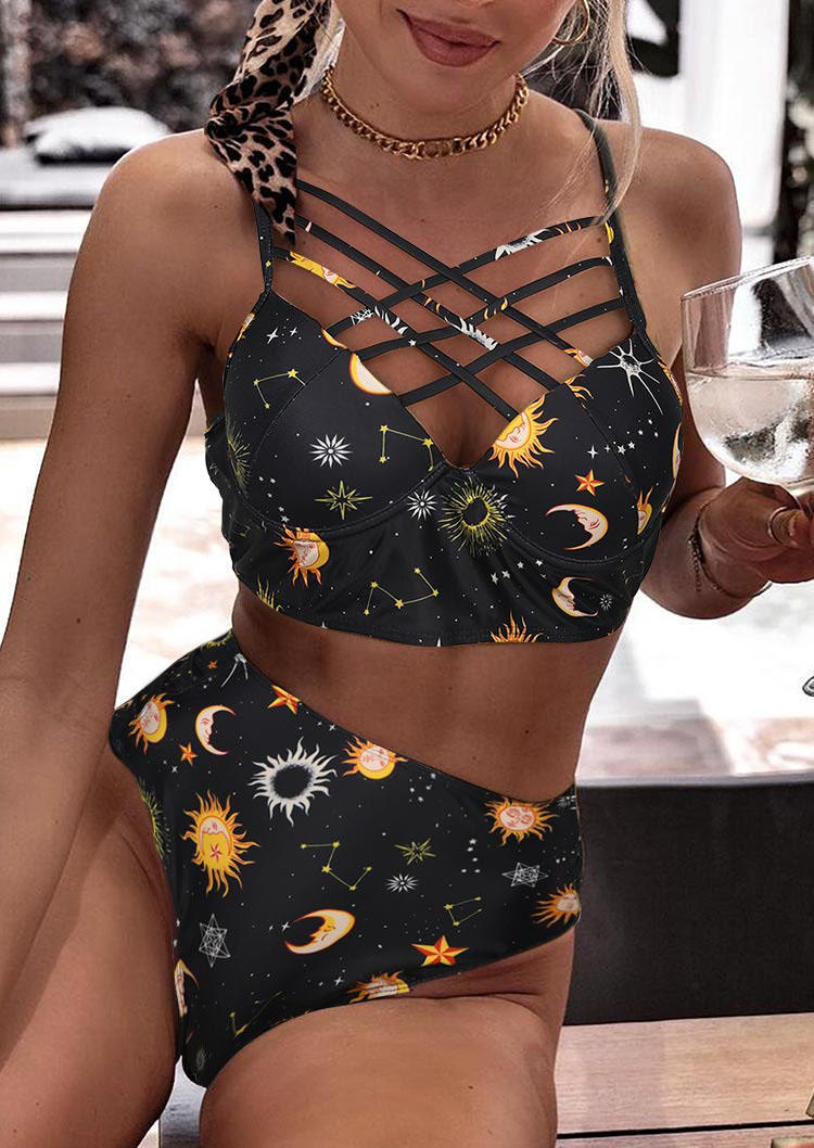 

Bikini Sets Sun Moon Star Criss-Cross Bikini Set - Black in Multicolor. Size