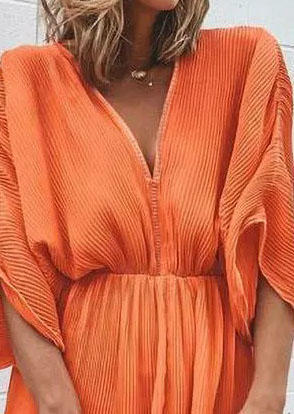 Ruffled V-Neck Mini Dress - Orange