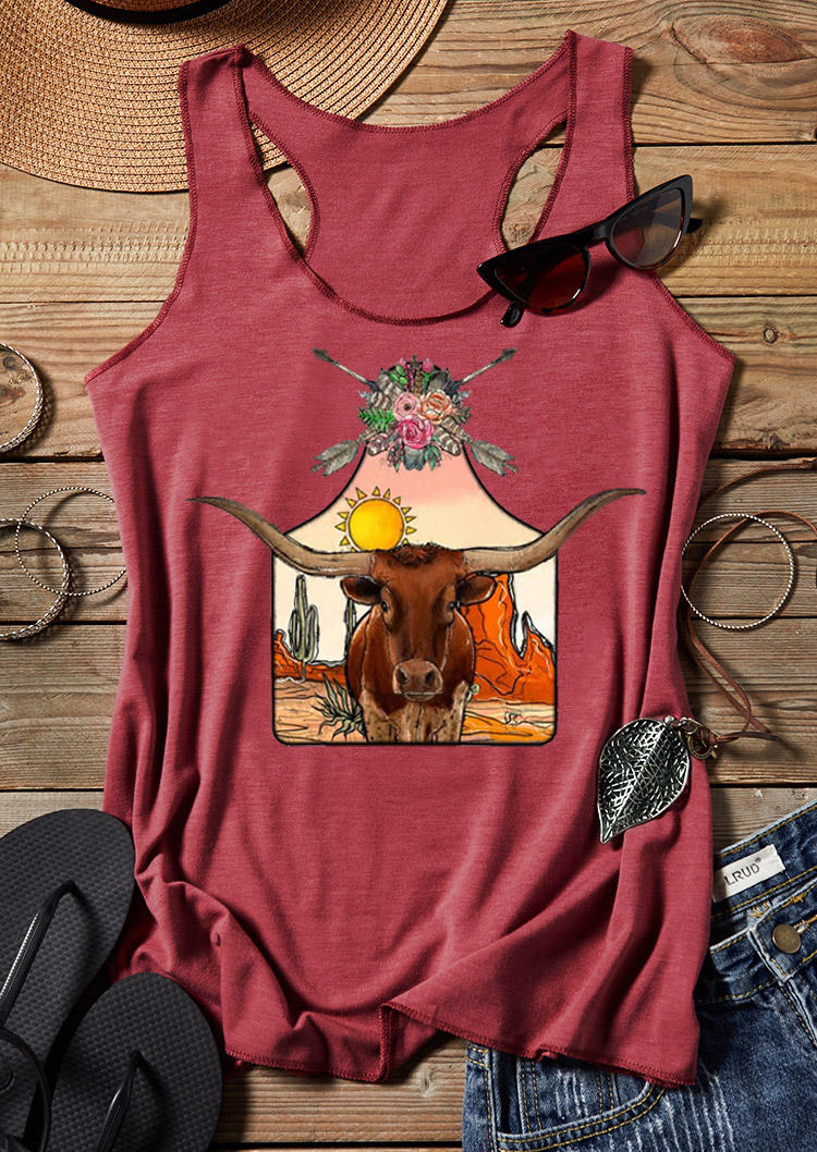 

Tank Tops Sun Steer Skull Floral Racerback Tank Top in Brick Red. Size: ,M,L,XL