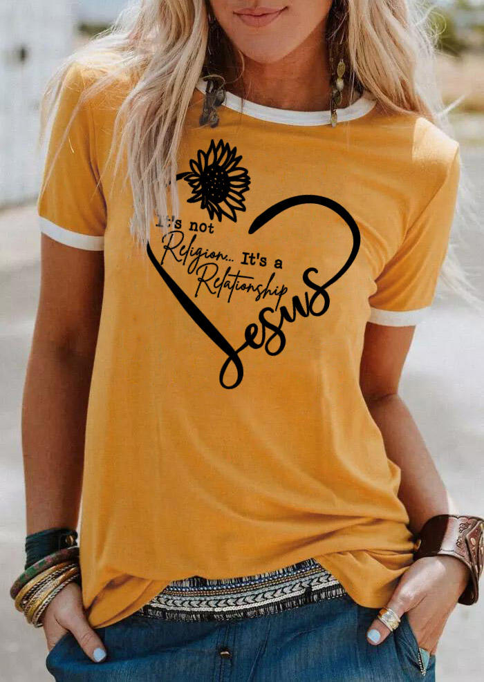 It's Not Religion It's A Relationship Jesus Sunflower Heart T-Shirt Tee - Yellow