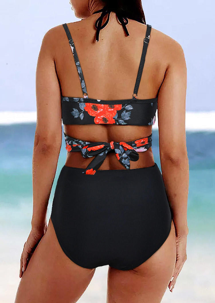 Bikini Sets Floral Adjustable Strap High Waist Bikini Set in Black. Size: S