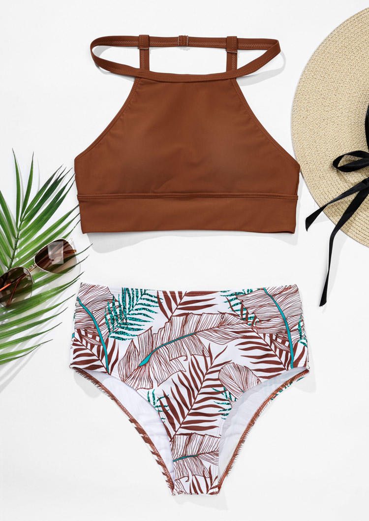 

Bikini Sets Palm Leaf Spaghetti Strap Bikini Set in Brown. Size