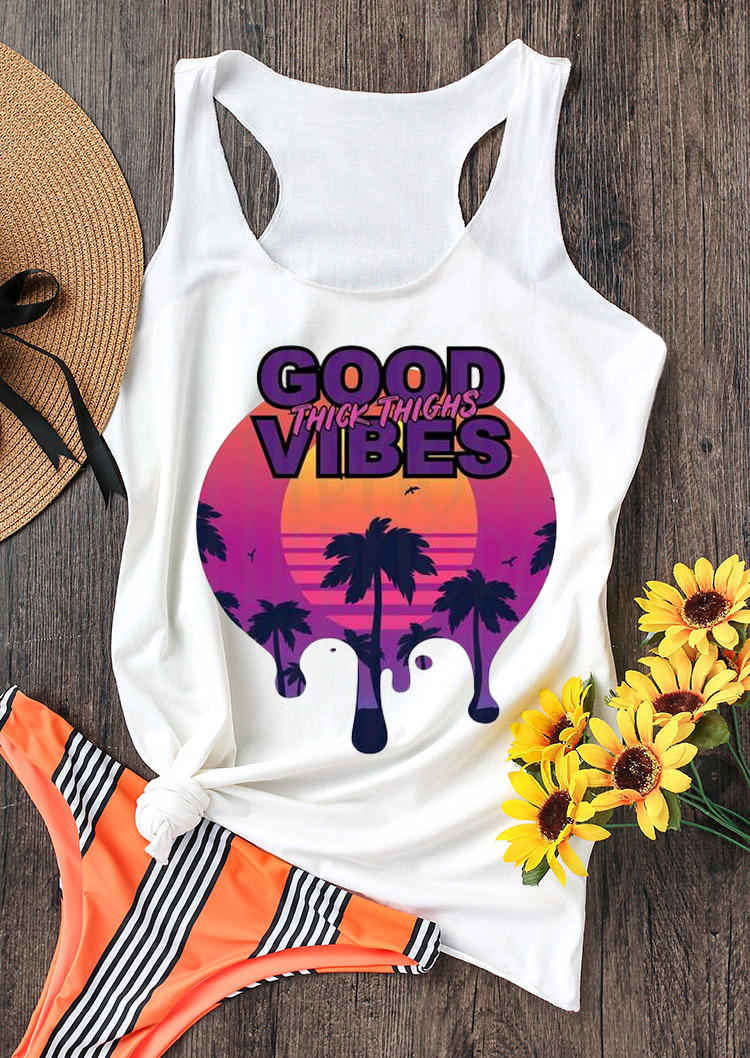 

Tank Tops Good Vibes Thick Thighs Coconut Tree Racerback Tank Top in White. Size: ,M,L,XL