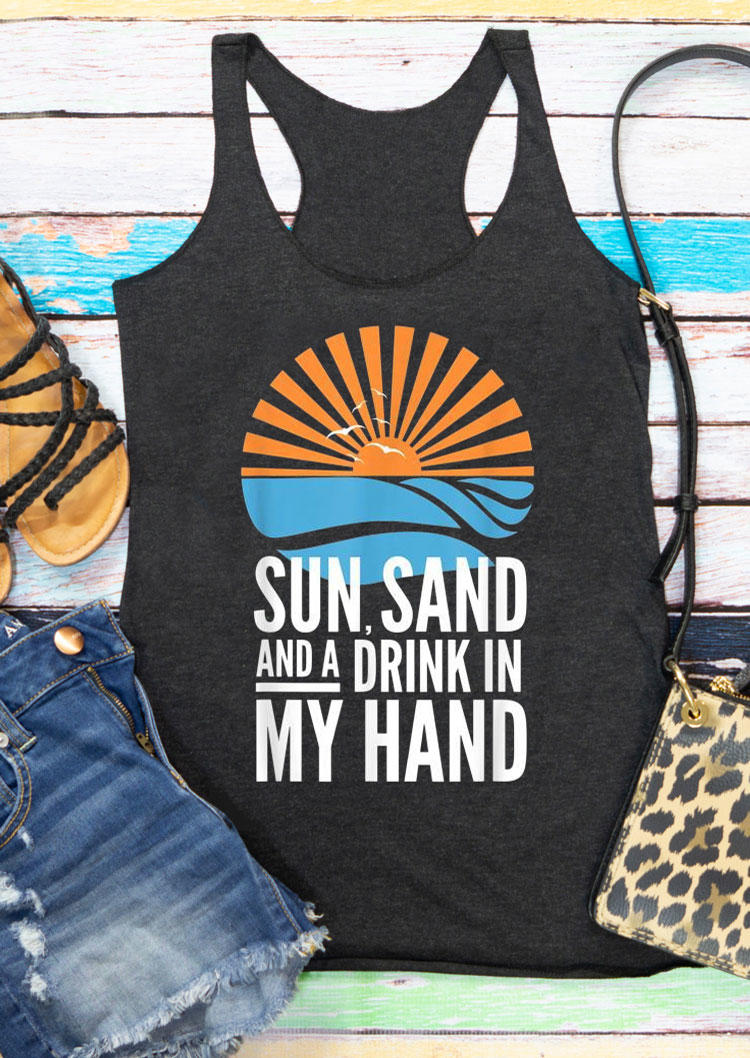 

Tank Tops Sun Sand And A Drink In My Hand Racerback Tank Top in Dark Grey. Size
