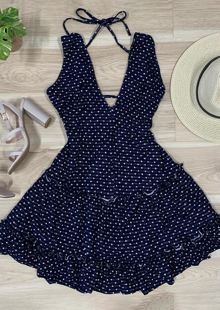

Mini Dresses Polka Dot Tie Sleeveless Mini Dress in Navy Blue. Size: ,M,L,XL