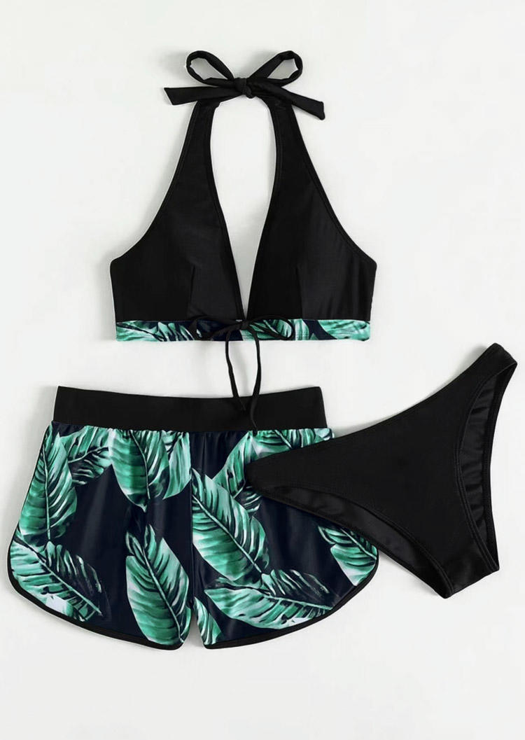 Bikini Sets 3Pcs Palm Leaf Tie Halter Bikini Set in Black. Size: S,M,L,XL