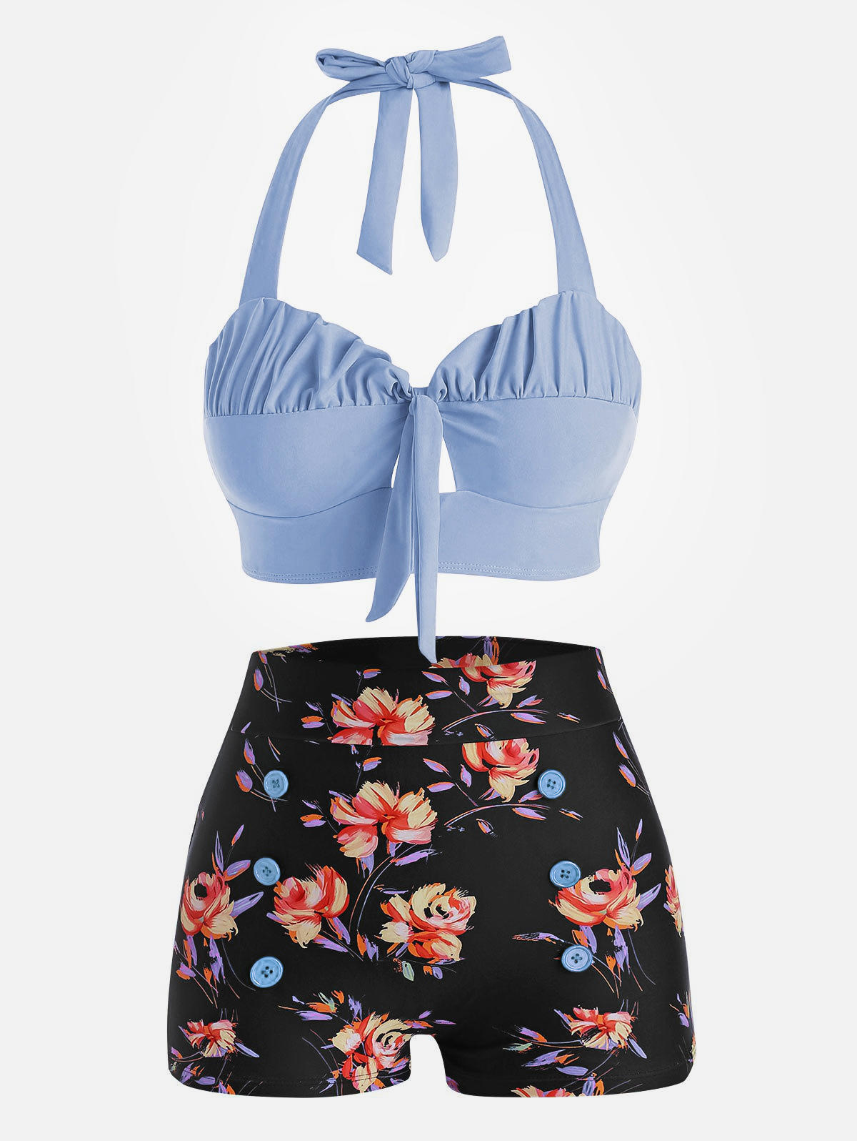 Bikini Sets Floral Button Hollow Out Ruffled Bikini Set in Blue. Size: S,M,L,XL