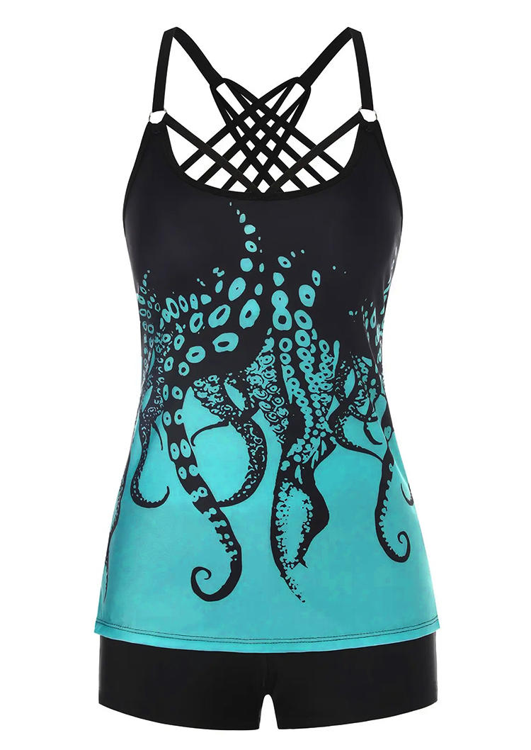 Tankinis Tentacle Hollow Out Criss-Cross Tankini Set in Black. Size: S,M,L,XL