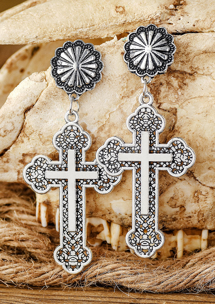 

Earrings Cross Floral Alloy Earrings in Silver. Size