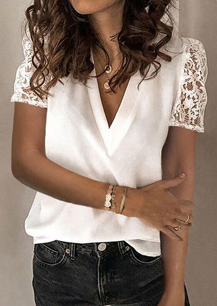 Blouses Lace Splicing V-Neck Blouse in White. Size: S