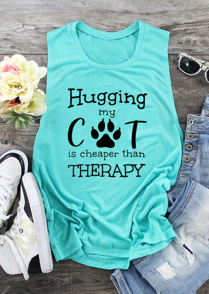 

Tank Tops Hugging My Cat Is Cheaper Than Therapy Tank Top in Cyan. Size: ,M,L,XL