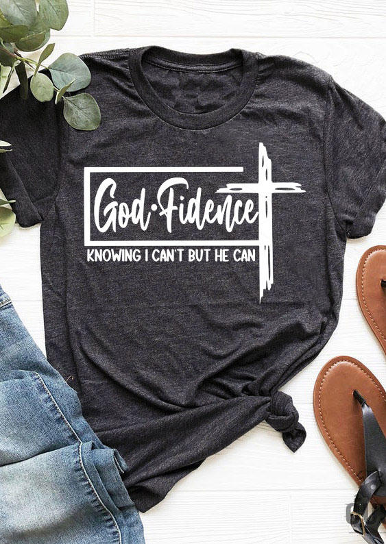 T-shirts Tees God Fidence Knowing I Can't But He Can Cross T-Shirt Tee in Dark Grey. Size: S,M,L,XL