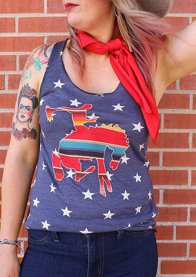 

Tank Tops Star Cowboy Serape Striped Sleeveless Tank Top in Multicolor. Size: L,M